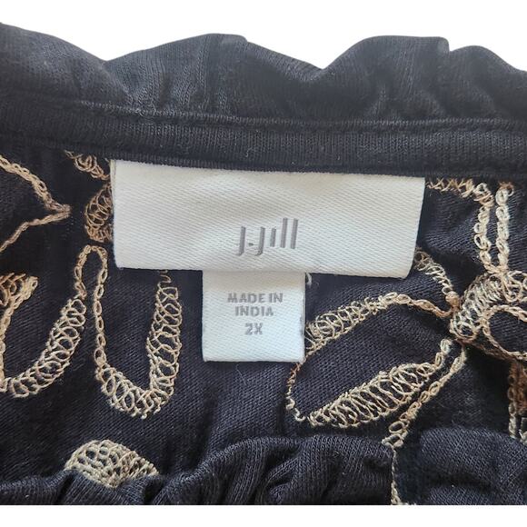 J. Jill Embroidered Floral Peasant Shirt Blouse Black & Tan Scoop Neck sz 2X - Picture 3 of 9